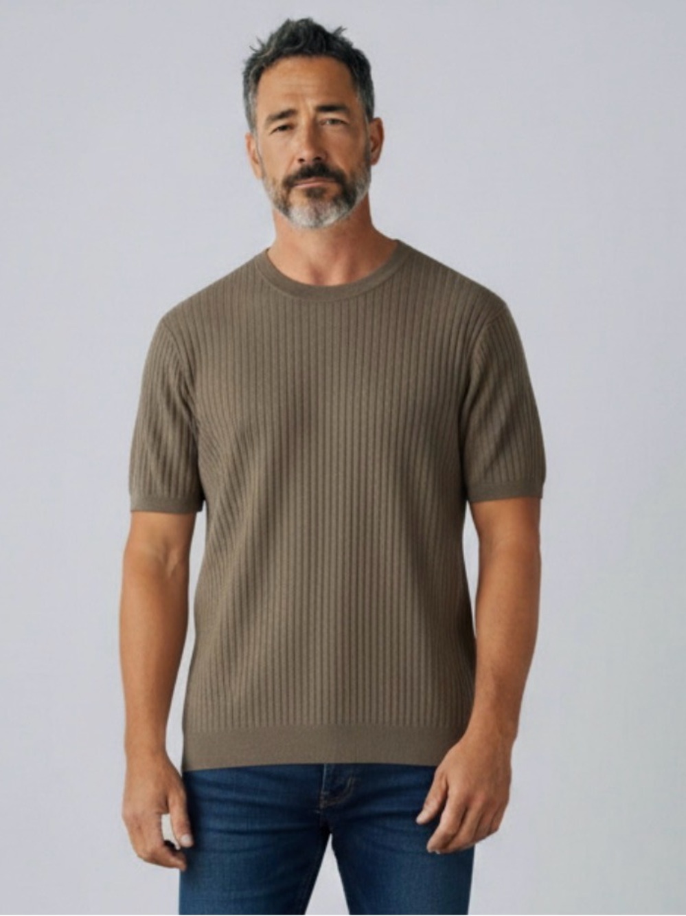 Mango Men's Ribbed Crewneck Short-Sleeve Sweater - Olive Brown M